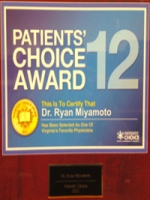 Dr. Miyamoto was a recipient of the Patients' Choice Award 2012. Of the nation's 830,000 active doctors, only 5% were accorded this honor by their patients in 2012. Dr. Miyamoto graciously thanks his patients for their support.