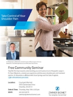 Dr. Miyamoto will be speaking about Treatment Options for Shoulder Arthritis and Rotator Cuff Tears at the Courtyard Marriott in Chantilly, VA on Thursday May 18th at 6:30PM. This is a free seminar. Light refreshments provided.